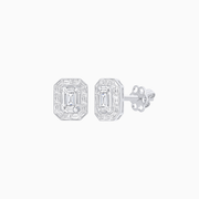 Art Deco Style Emerald Cut Stud Earrings with Baguette Diamond Halo - Shahin Jewelry